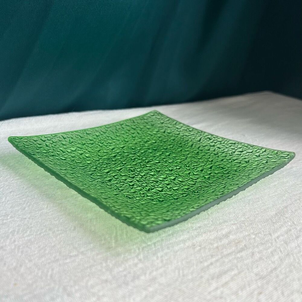 Set of 2 Square Green Textured Glass Serving Plates